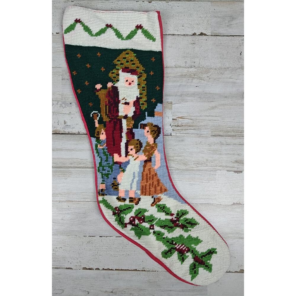 Vintage Needlepoint Christmas Stocking Old World Santa And Children Handmade